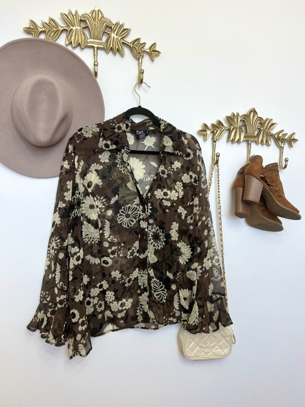 Vintage boho Floral Sheer Button-Down Blouse in Brown Xl ptp 25”